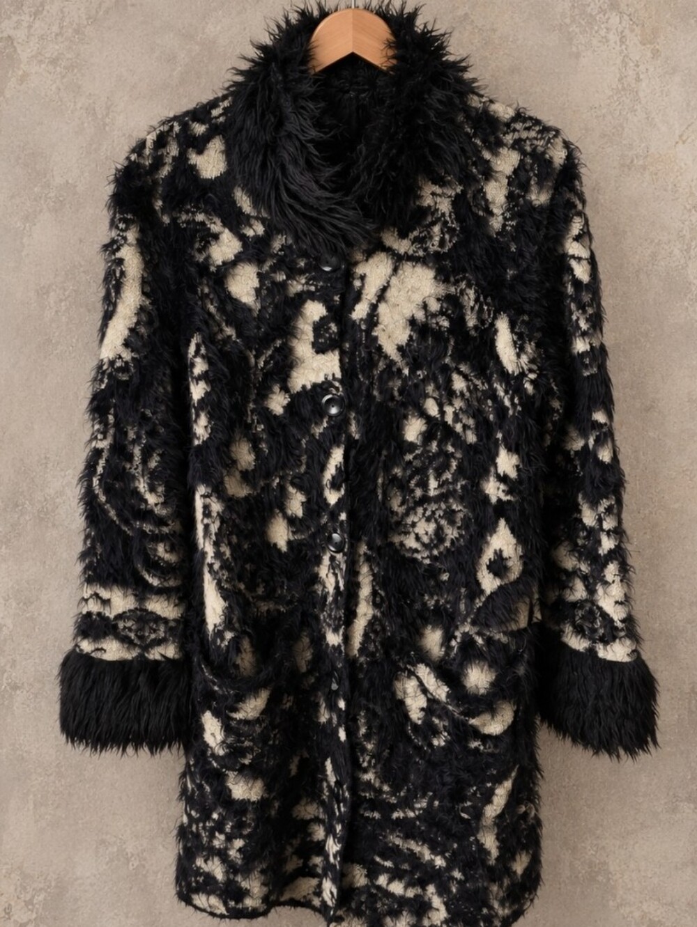 Black Rivet Black Faux Fur & Subtle Metalic Cream Patterned Teddy Coat